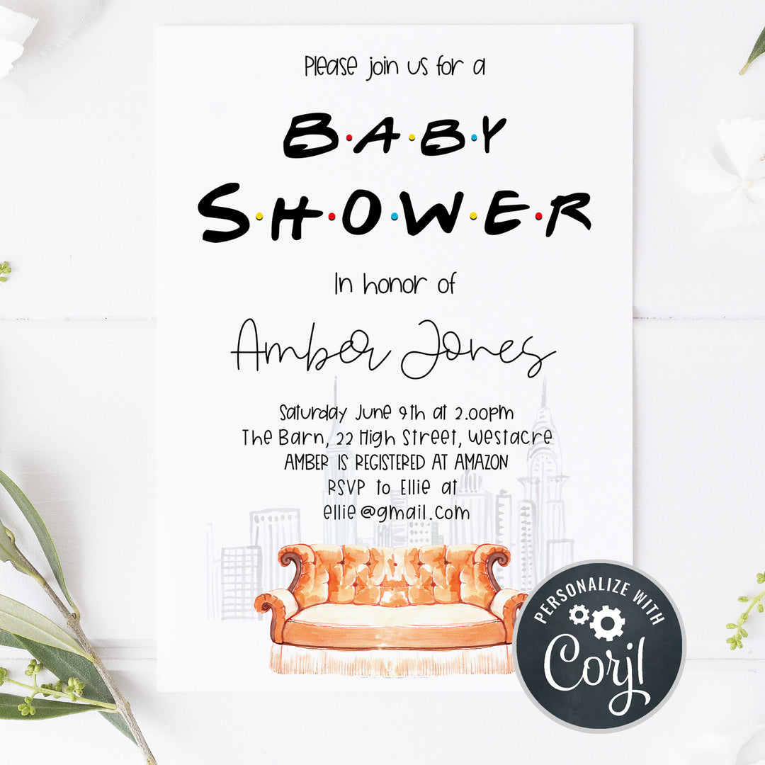 friends baby shower invitation, baby shower invitations, editable baby shower invite, friends baby shower theme, friends