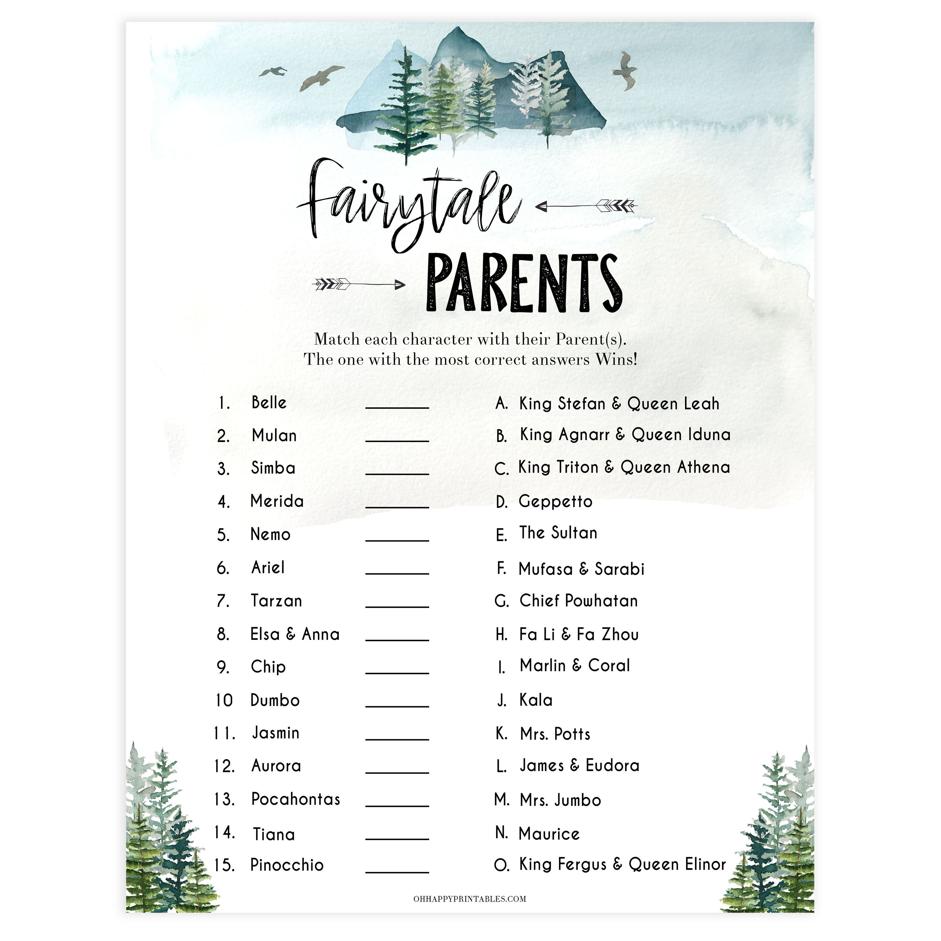 fairytale parents game, match the disney parents game, printable baby shower games, fun baby shower games, adventure baby shower games