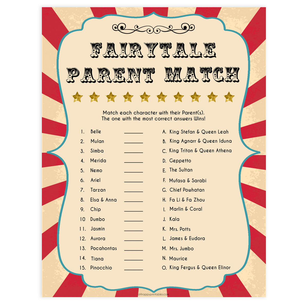 fairytale parent match, disney parent match, printable baby shower games, circus baby shower games, fun baby shower games