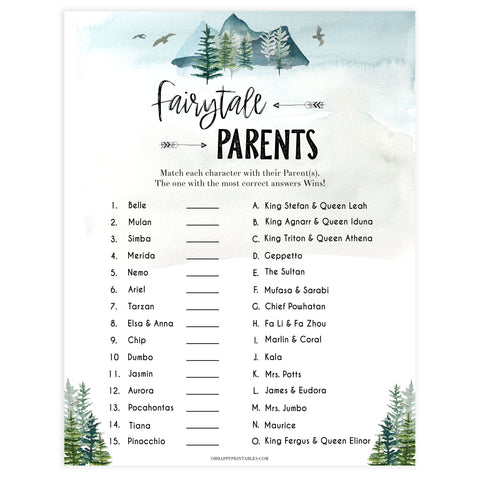 fairytale parents game, match the disney parents game, printable baby shower games, fun baby shower games, adventure baby shower games