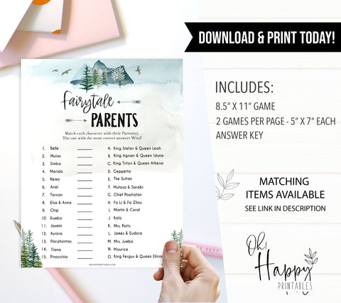 fairytale parents game, match the disney parents game, printable baby shower games, fun baby shower games, adventure baby shower games