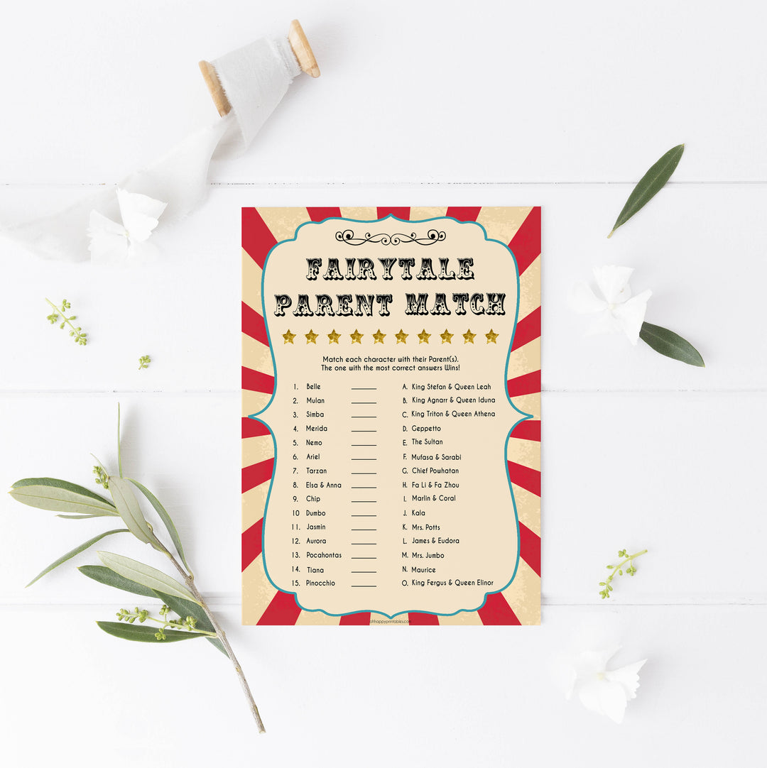 fairytale parent match, disney parent match, printable baby shower games, circus baby shower games, fun baby shower games