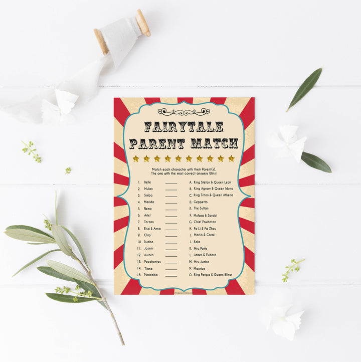 fairytale parent match, disney parent match, printable baby shower games, circus baby shower games, fun baby shower games