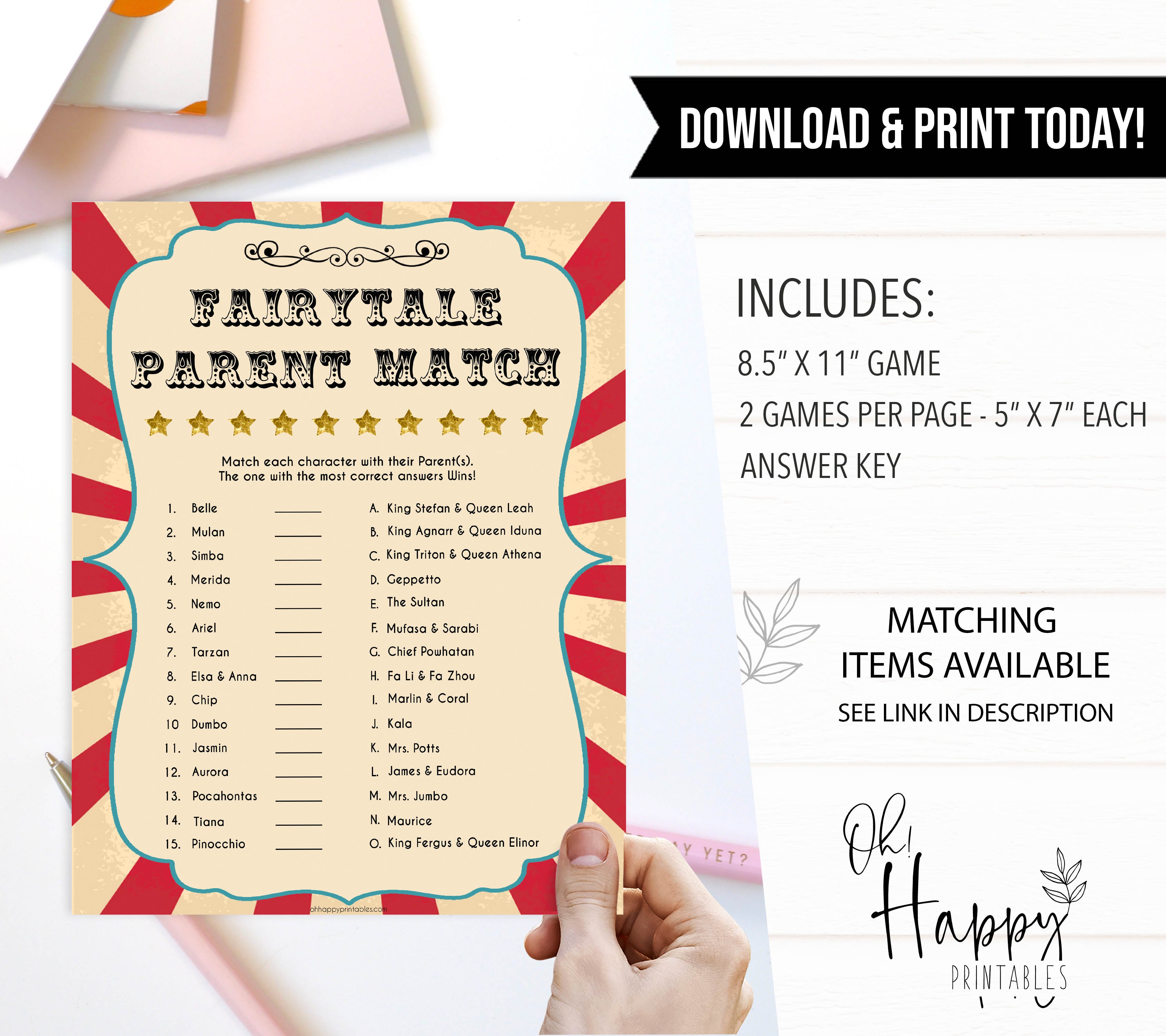 fairytale parent match, disney parent match, printable baby shower games, circus baby shower games, fun baby shower games