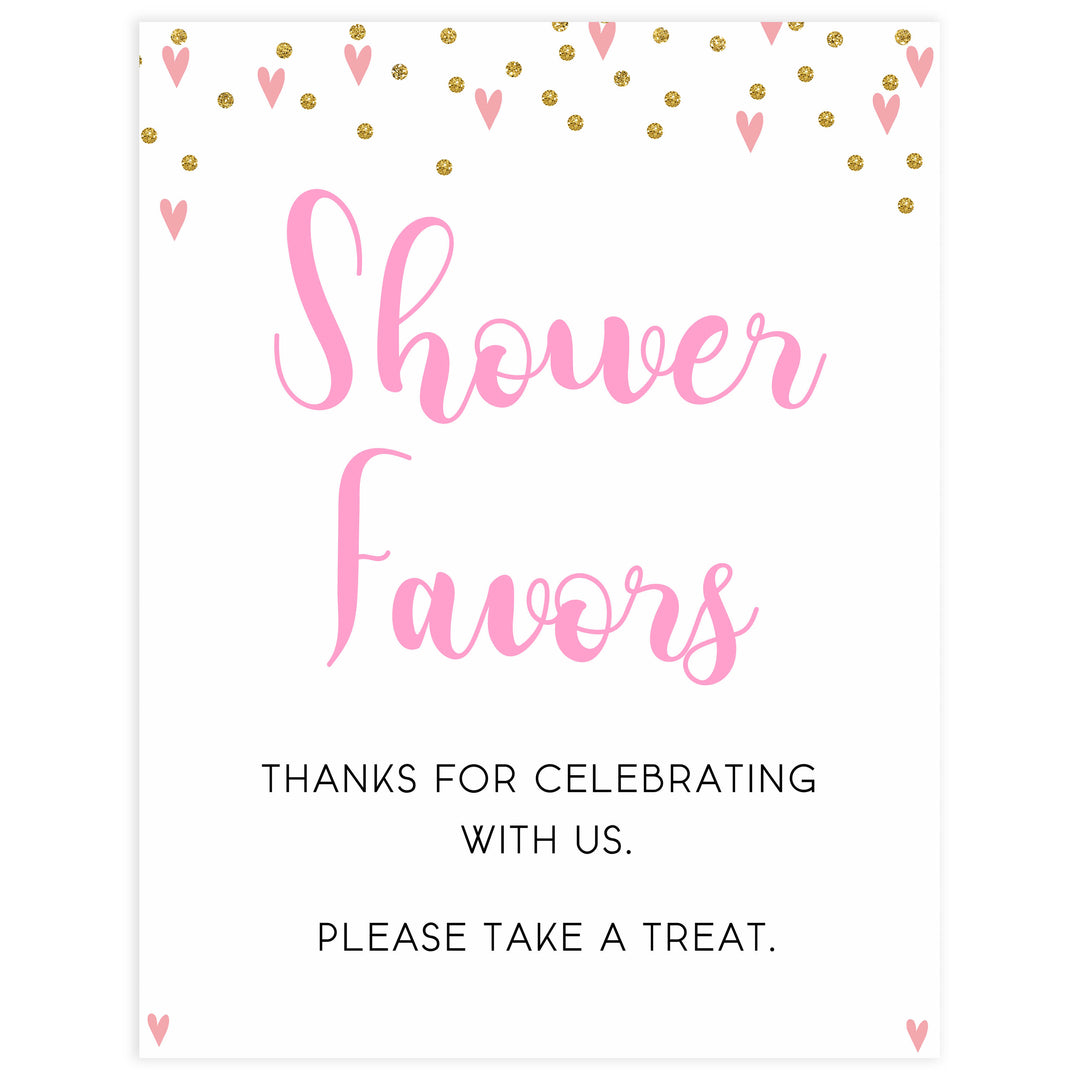 favors baby table signs, favor baby signs, Pink hearts baby decor, printable baby table signs, printable baby decor, gold glitter table signs, fun baby signs, pink hearts fun baby table signs
