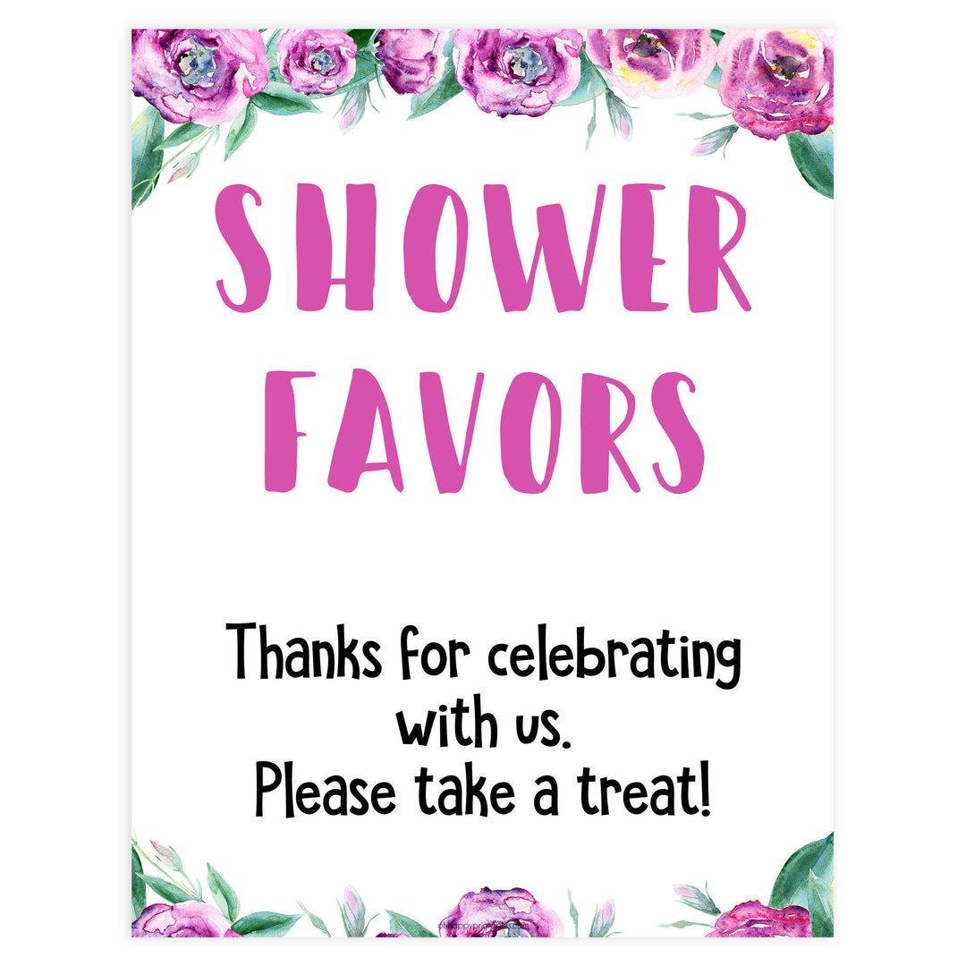 baby shower favors signs, baby favors printable decor, printable baby shower decor, fun baby shower ideas, purple peonies baby shower