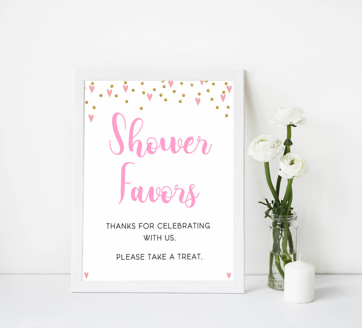 favors baby table signs, favor baby signs, Pink hearts baby decor, printable baby table signs, printable baby decor, gold glitter table signs, fun baby signs, pink hearts fun baby table signs