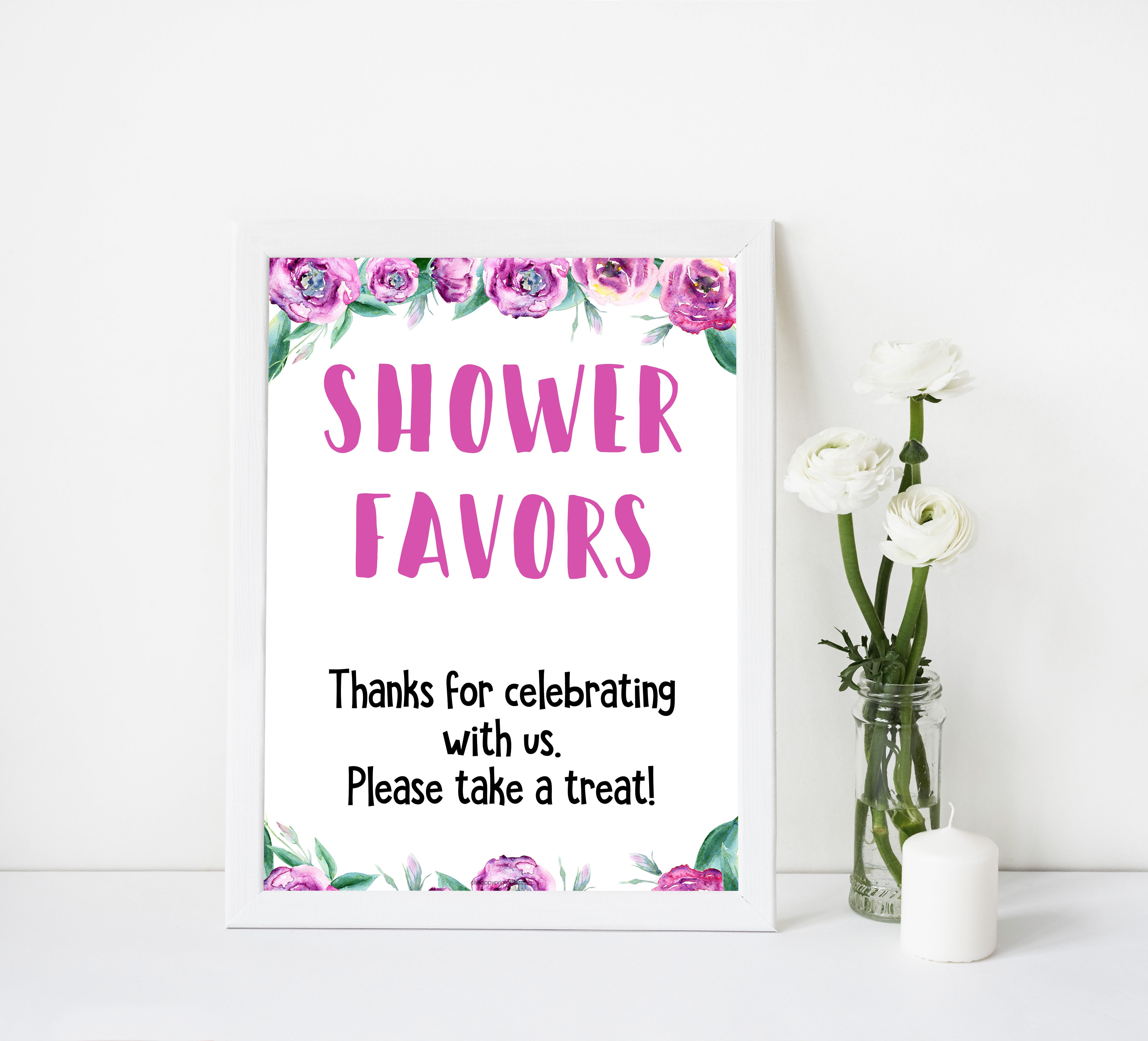 baby shower favors signs, baby favors printable decor, printable baby shower decor, fun baby shower ideas, purple peonies baby shower