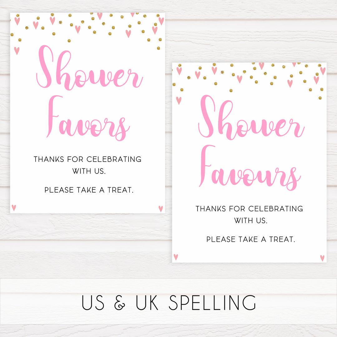 favors baby table signs, favor baby signs, Pink hearts baby decor, printable baby table signs, printable baby decor, gold glitter table signs, fun baby signs, pink hearts fun baby table signs