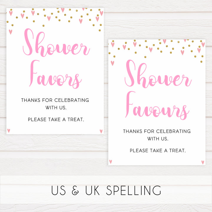 favors baby table signs, favor baby signs, Pink hearts baby decor, printable baby table signs, printable baby decor, gold glitter table signs, fun baby signs, pink hearts fun baby table signs