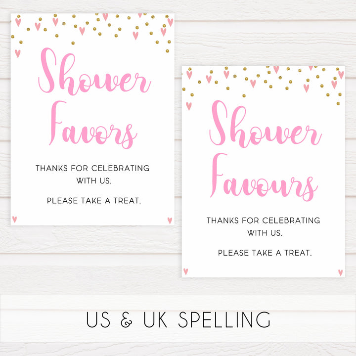 8 baby shower signs pack, 8 baby table signs, Pink hearts baby decor, printable baby table signs, printable baby decor, gold glitter table signs, fun baby signs, pink hearts fun baby table signs