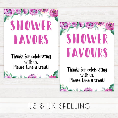 baby shower favors signs, baby favors printable decor, printable baby shower decor, fun baby shower ideas, purple peonies baby shower