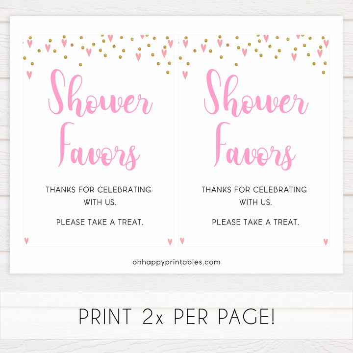 favors baby table signs, favor baby signs, Pink hearts baby decor, printable baby table signs, printable baby decor, gold glitter table signs, fun baby signs, pink hearts fun baby table signs