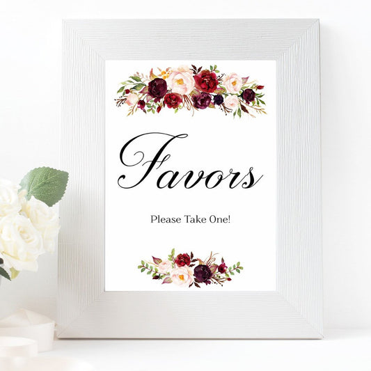 Favors burgundy marsala wedding sign printable