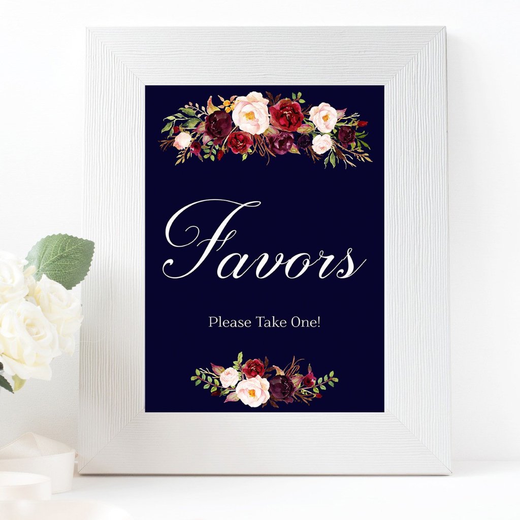 Favors Marsala Dark Blue Wedding sign printable