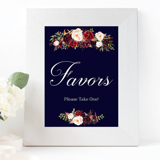 Favors Marsala Dark Blue Wedding sign printable