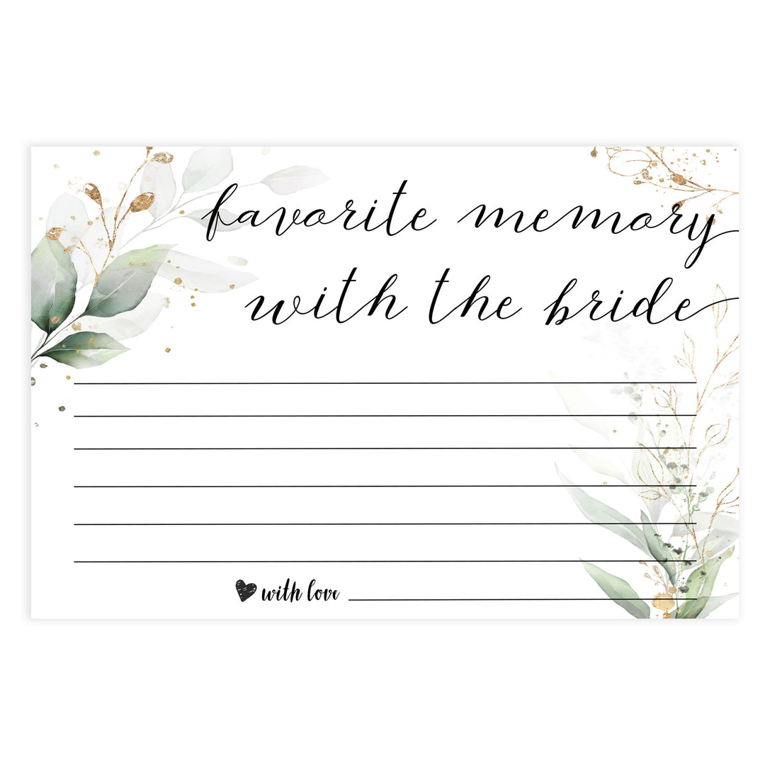 favorite memory with the bride, memory of the bride,  Printable bridal shower games, greenery bridal shower, gold leaf bridal shower games, fun bridal shower games, bridal shower game ideas, greenery bridal shower