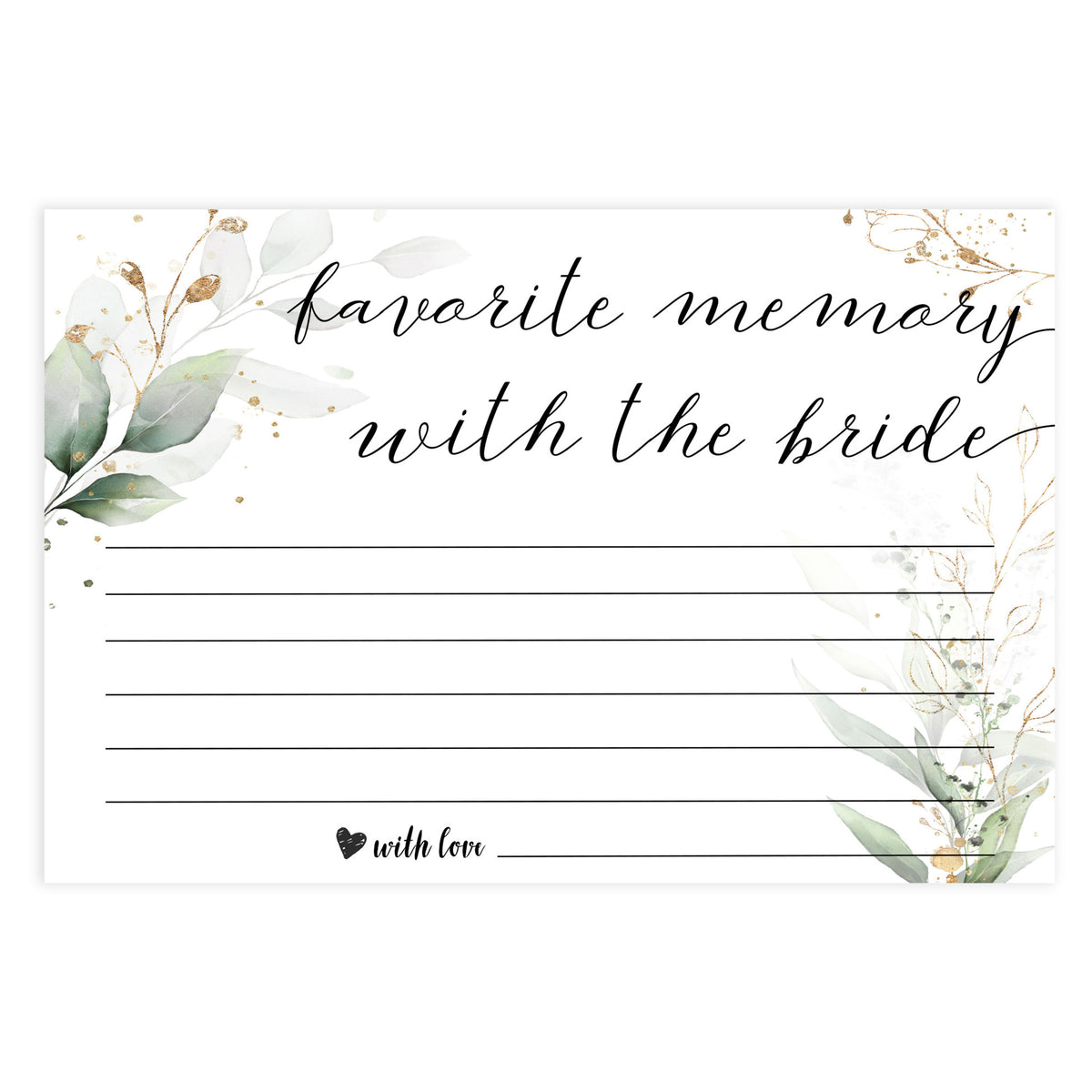 favorite memory with the bride, memory of the bride,  Printable bridal shower games, greenery bridal shower, gold leaf bridal shower games, fun bridal shower games, bridal shower game ideas, greenery bridal shower