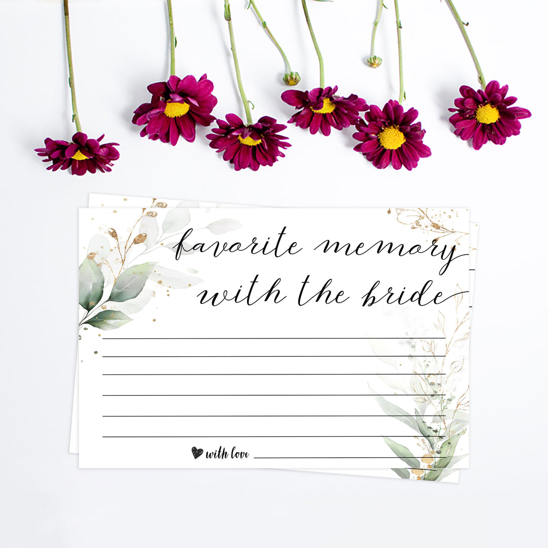 favorite memory with the bride, memory of the bride,  Printable bridal shower games, greenery bridal shower, gold leaf bridal shower games, fun bridal shower games, bridal shower game ideas, greenery bridal shower