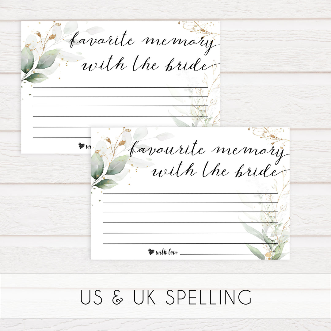 favorite memory with the bride, memory of the bride,  Printable bridal shower games, greenery bridal shower, gold leaf bridal shower games, fun bridal shower games, bridal shower game ideas, greenery bridal shower