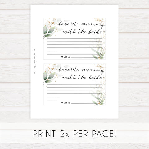 favorite memory with the bride, memory of the bride,  Printable bridal shower games, greenery bridal shower, gold leaf bridal shower games, fun bridal shower games, bridal shower game ideas, greenery bridal shower
