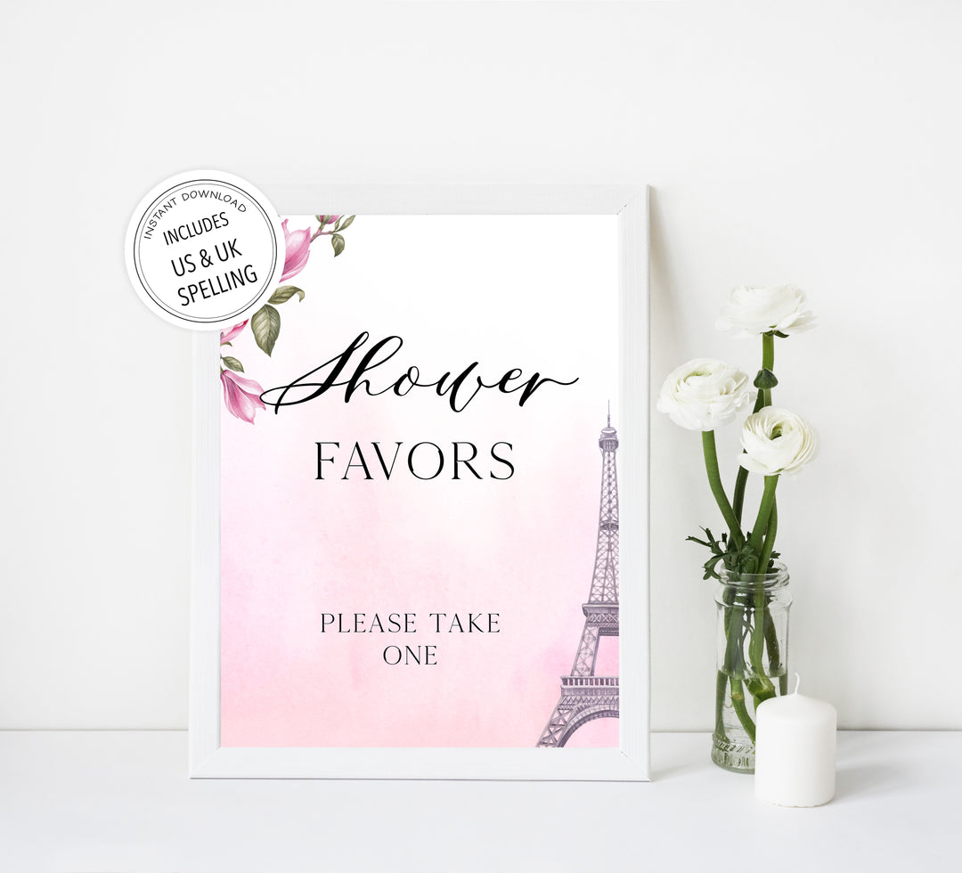 favors baby shower table signs,  Paris baby shower games, printable baby shower games, Parisian baby shower games, fun baby shower games