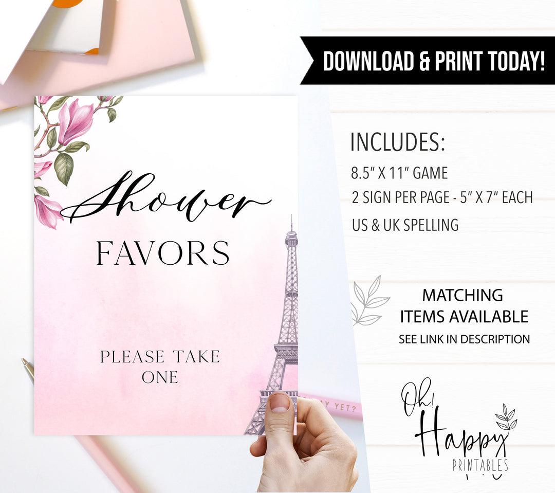 favors baby shower table signs,  Paris baby shower games, printable baby shower games, Parisian baby shower games, fun baby shower games