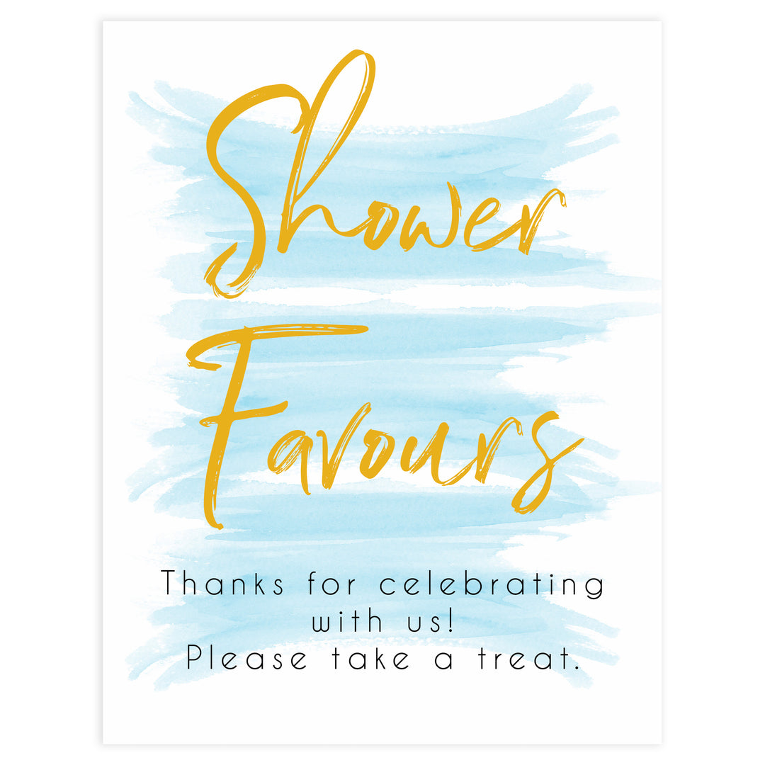 blue baby shower decor, printable baby signs, baby favours sign, baby favor signs, fun baby shower ideas