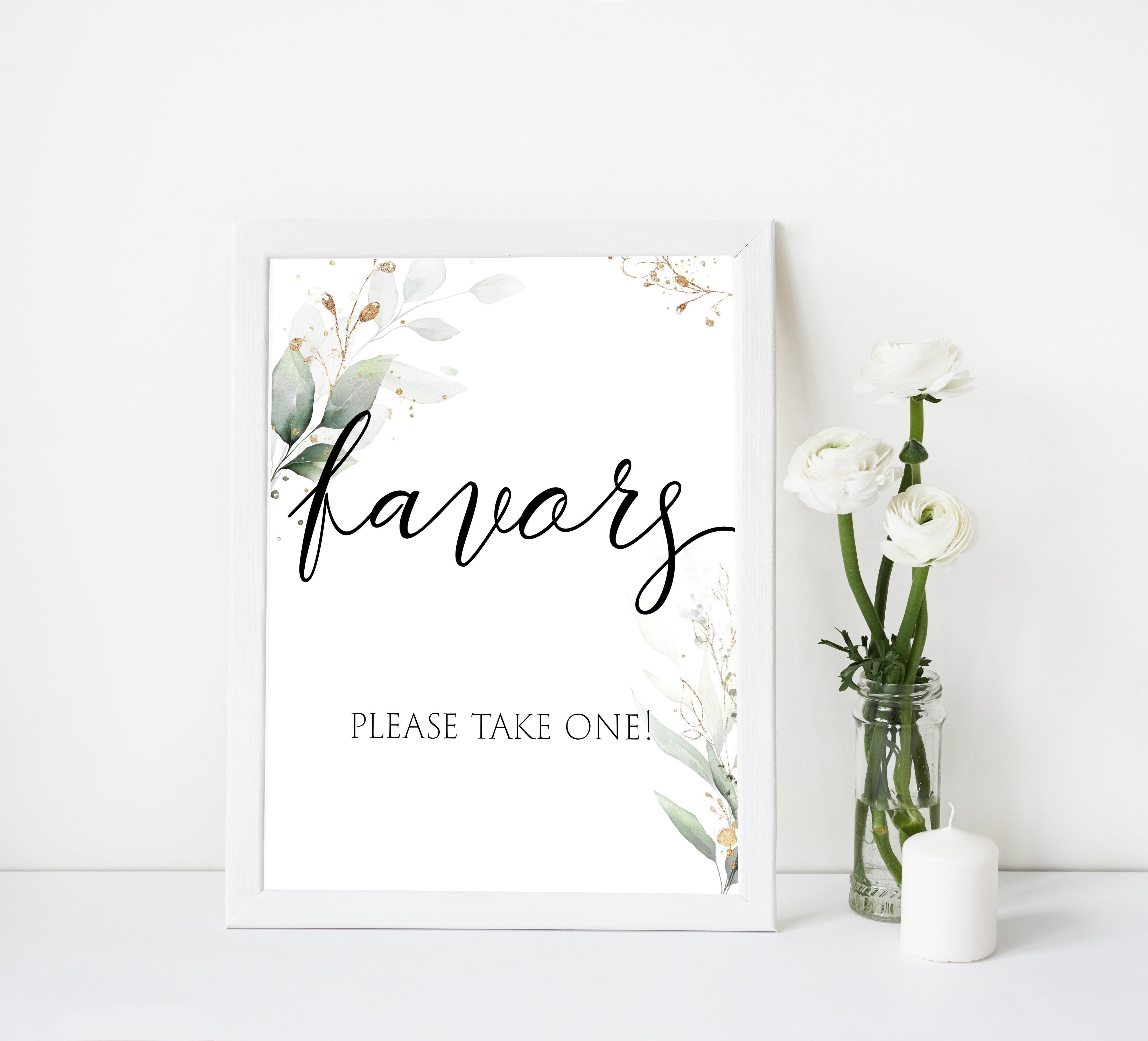 favors bridal shower signs, favors table sign, Printable bridal shower signs, greenery bridal shower decor, gold leaf bridal shower decor ideas, fun bridal shower decor, bridal shower game ideas, greenery bridal shower ideas