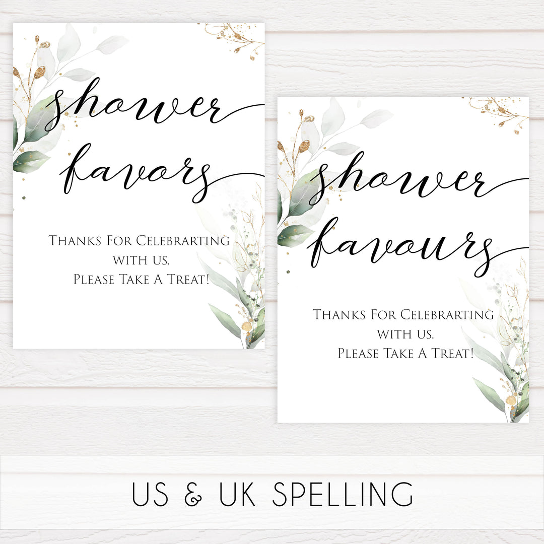 Gold green leaf baby signs, shower favors, baby shower favours,  printable baby shower decor, fun baby signs, top baby games to play, gold leaf baby shower decor, greenery baby shower ideas