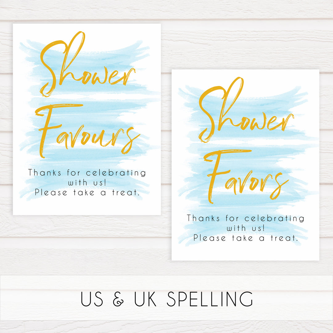 blue baby shower decor, printable baby signs, baby favours sign, baby favor signs, fun baby shower ideas