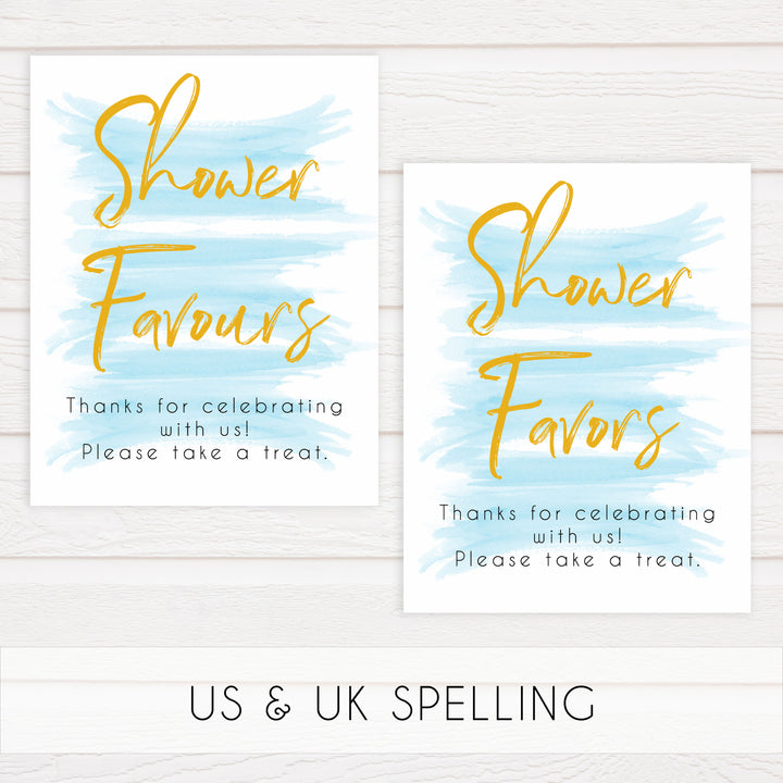 blue baby shower decor, printable baby signs, baby favours sign, baby favor signs, fun baby shower ideas
