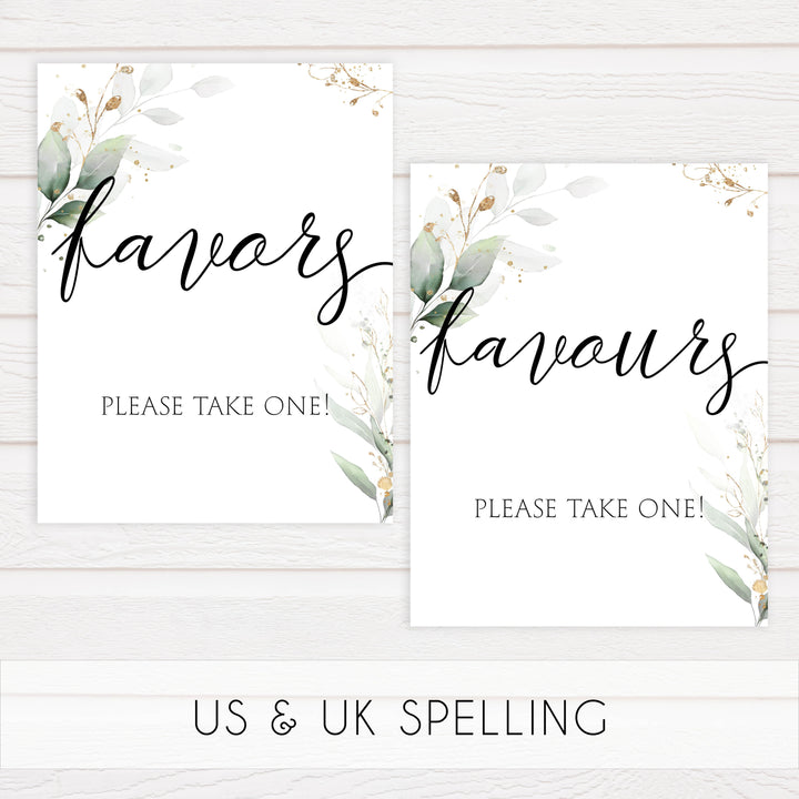 favors bridal shower signs, favors table sign, Printable bridal shower signs, greenery bridal shower decor, gold leaf bridal shower decor ideas, fun bridal shower decor, bridal shower game ideas, greenery bridal shower ideas
