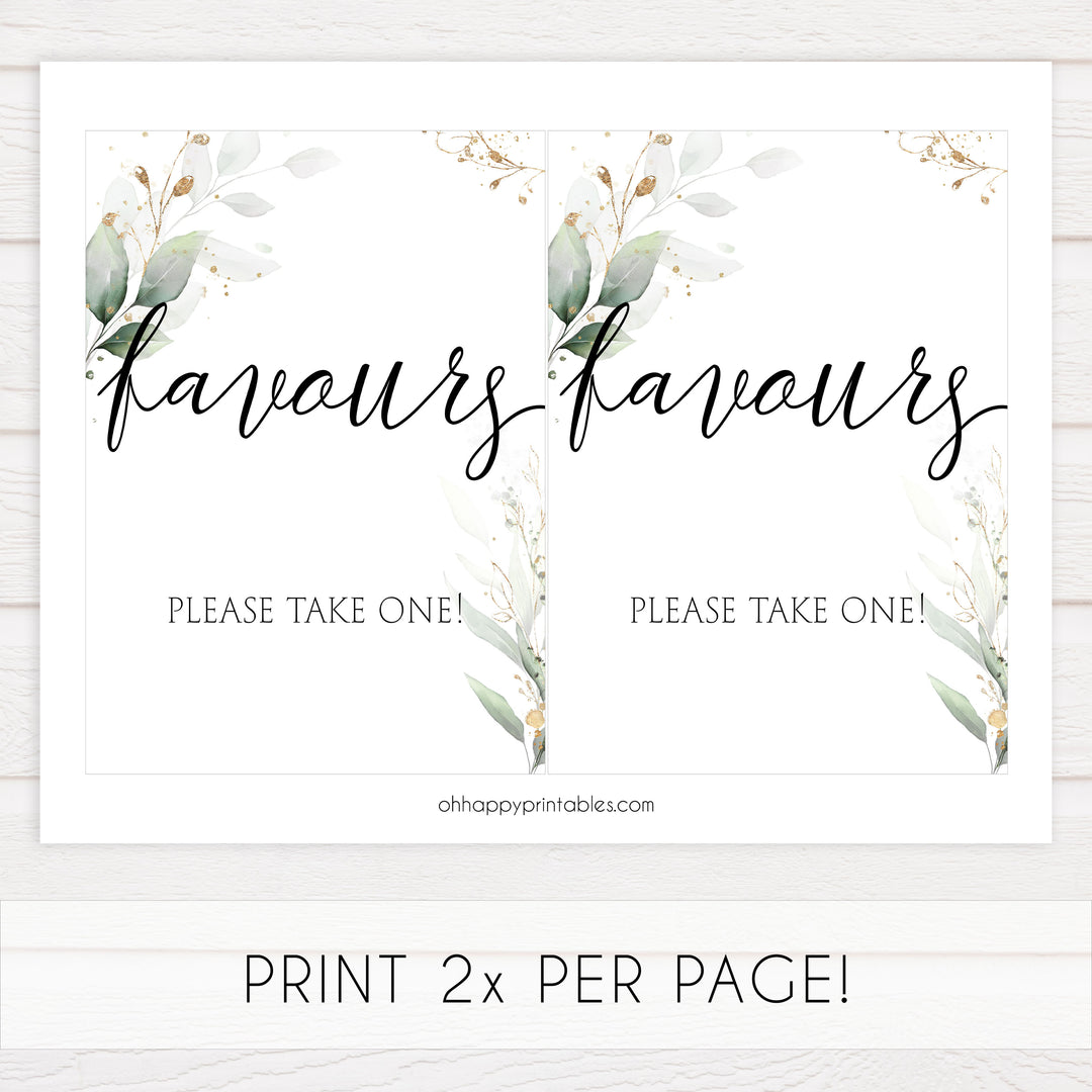 favors bridal shower signs, favors table sign, Printable bridal shower signs, greenery bridal shower decor, gold leaf bridal shower decor ideas, fun bridal shower decor, bridal shower game ideas, greenery bridal shower ideas