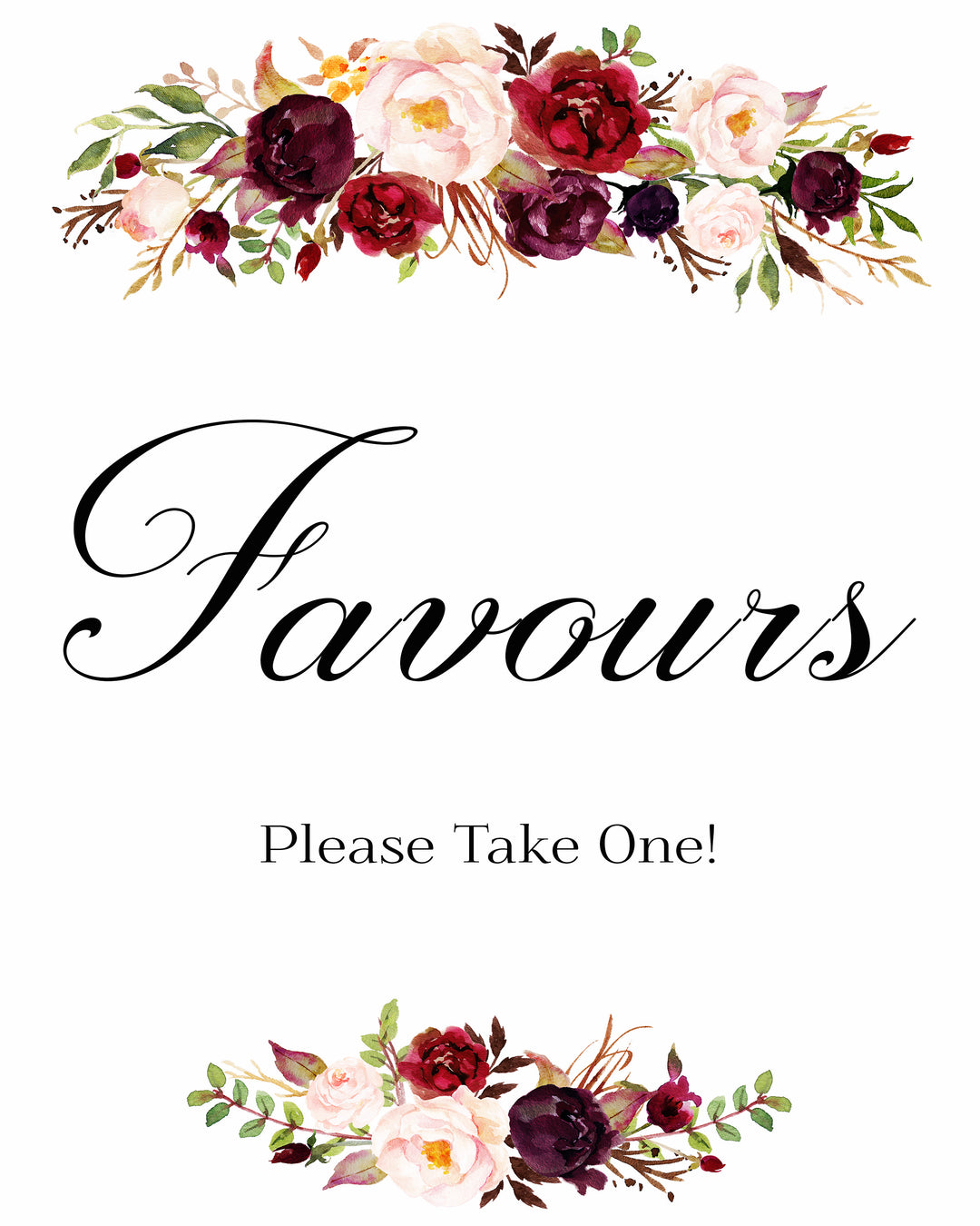 Favors burgundy marsala wedding sign printable