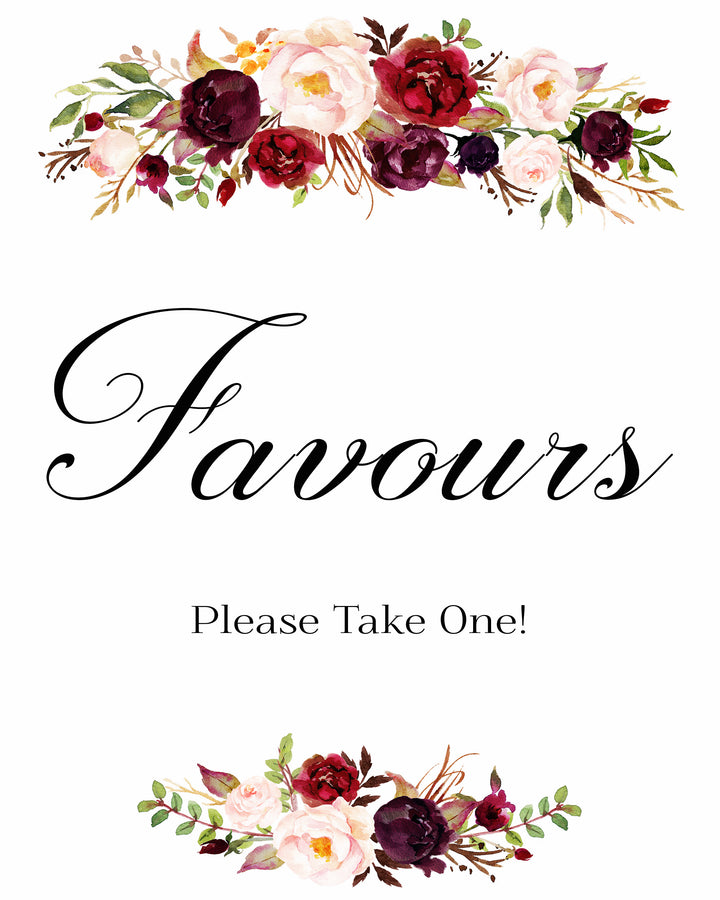 Favors burgundy marsala wedding sign printable