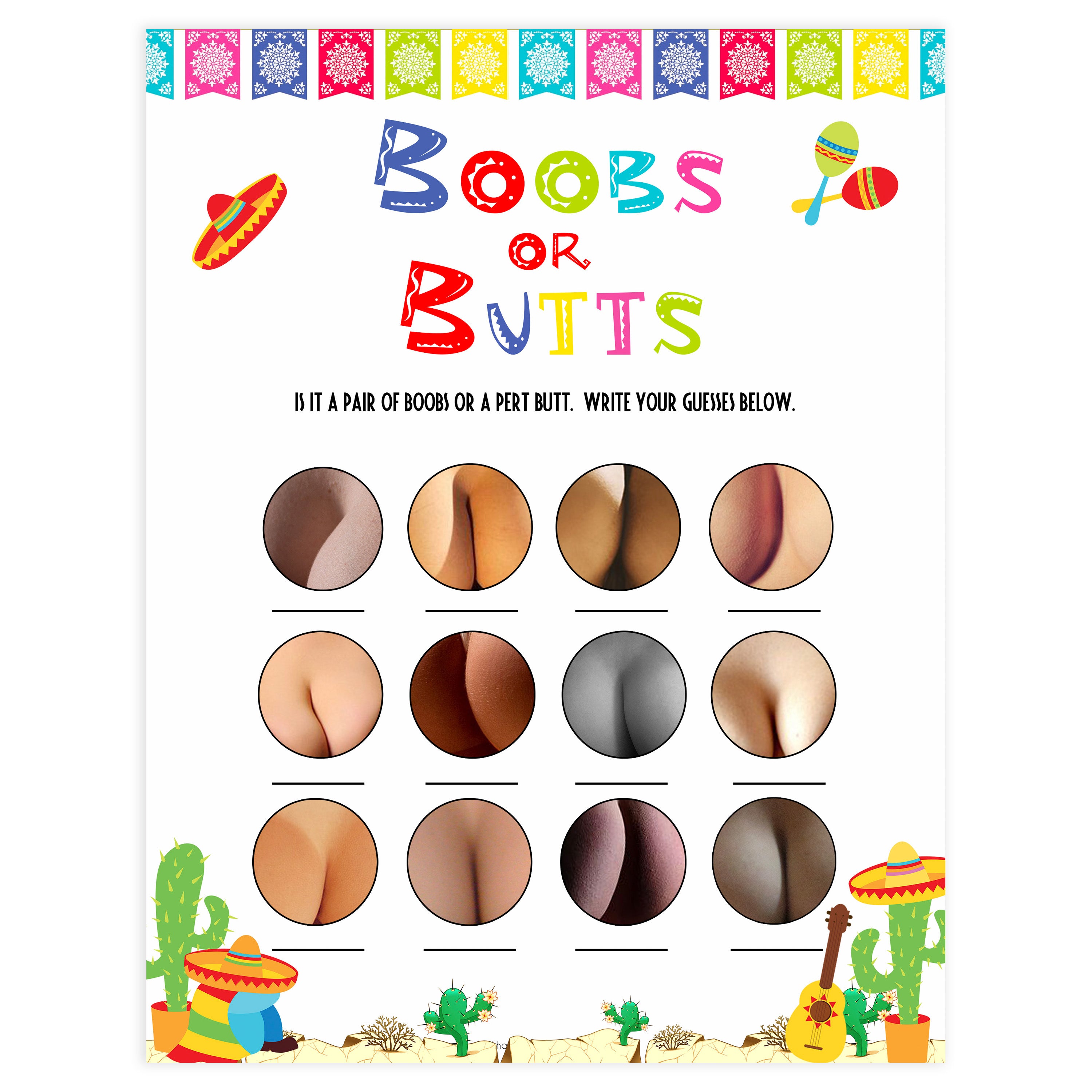 boobs or butts game, Printable baby shower games, Mexican fiesta fun baby games, baby shower games, fun baby shower ideas, top baby shower ideas, fiesta shower baby shower, fiesta baby shower ideas