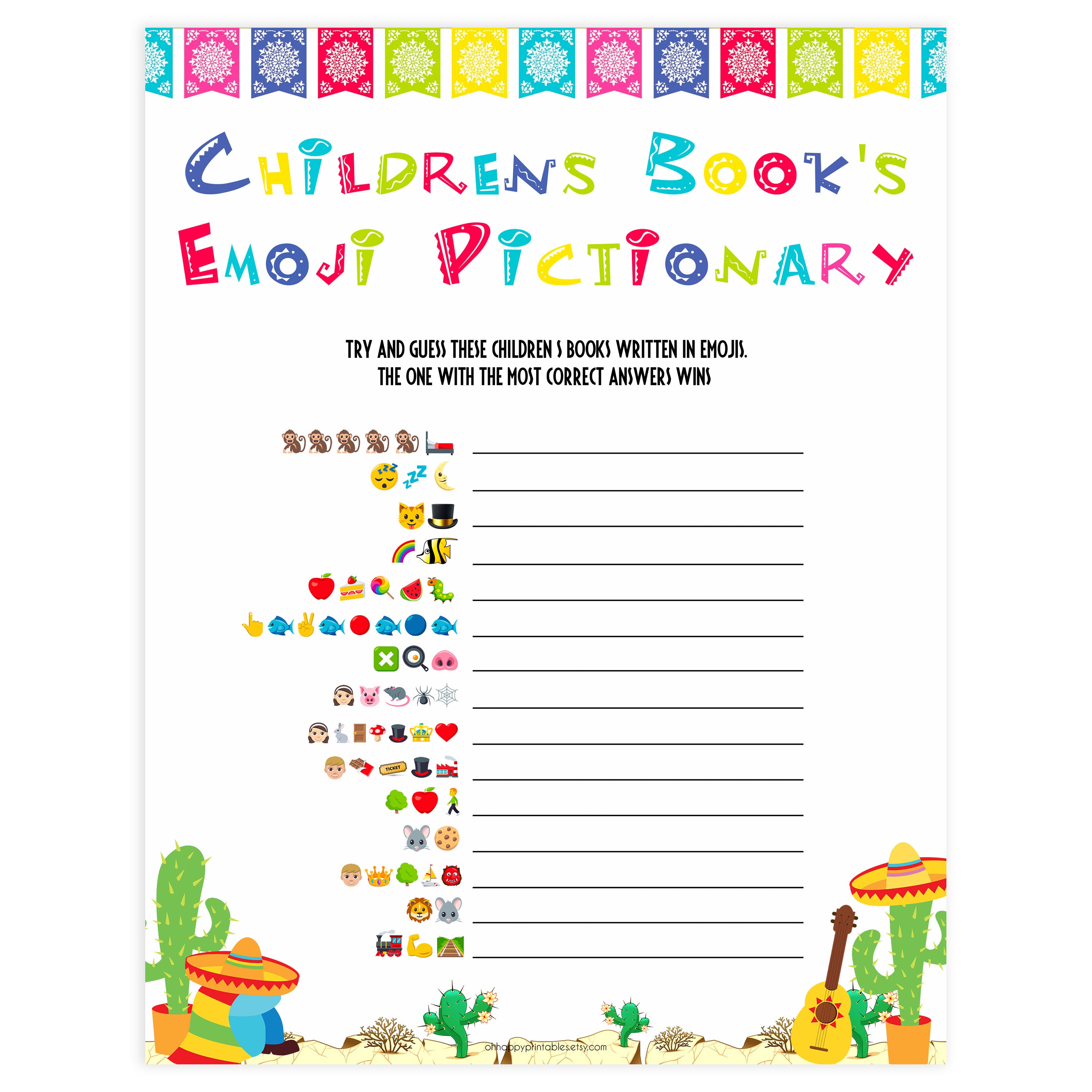 childrens books emoji pictionary game, Printable baby shower games, Mexican fiesta fun baby games, baby shower games, fun baby shower ideas, top baby shower ideas, fiesta shower baby shower, fiesta baby shower ideas