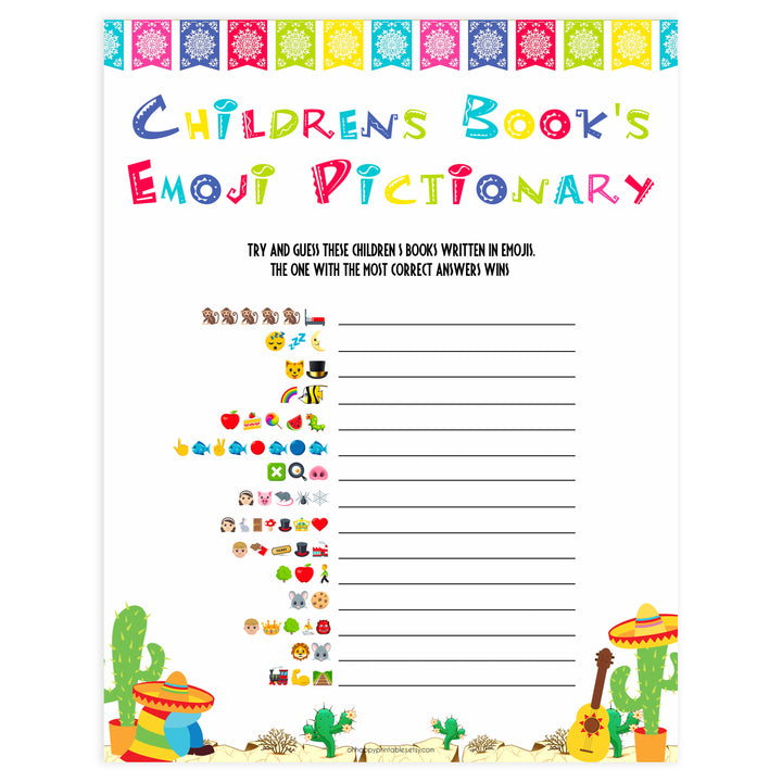 childrens books emoji pictionary game, Printable baby shower games, Mexican fiesta fun baby games, baby shower games, fun baby shower ideas, top baby shower ideas, fiesta shower baby shower, fiesta baby shower ideas