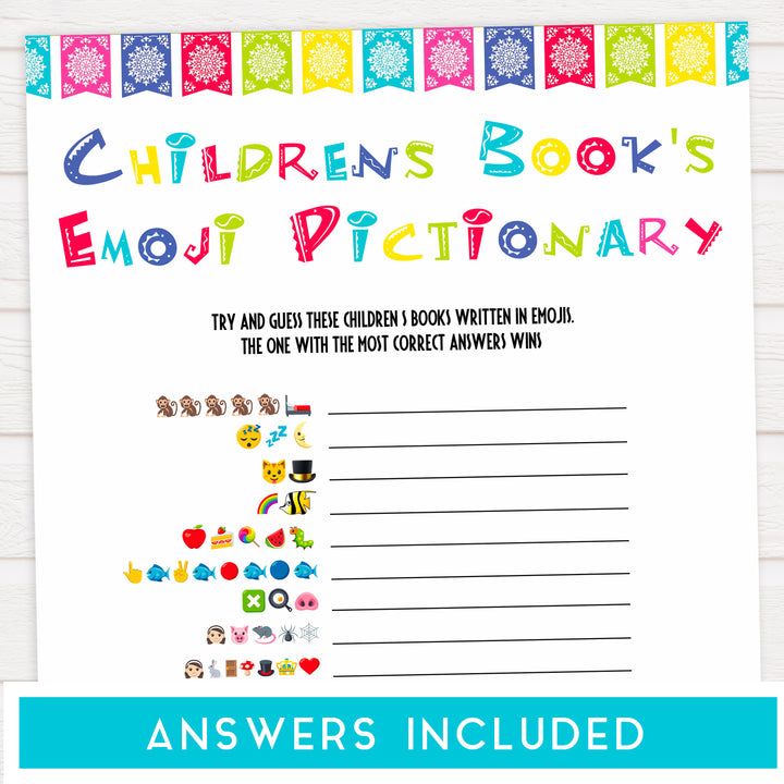 childrens books emoji pictionary game, Printable baby shower games, Mexican fiesta fun baby games, baby shower games, fun baby shower ideas, top baby shower ideas, fiesta shower baby shower, fiesta baby shower ideas