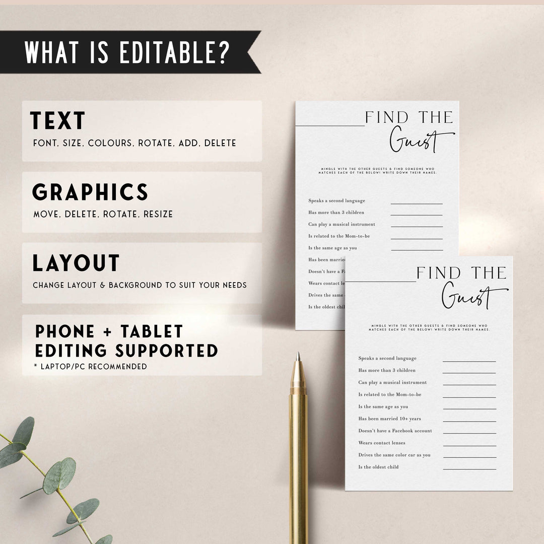 Printable baby shower game find the guest with a modern minimalist design