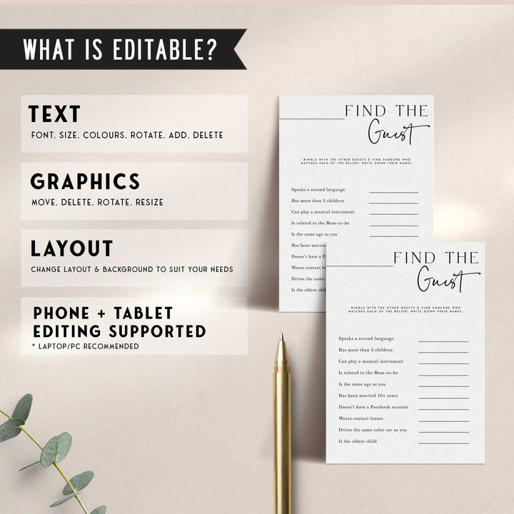 Printable baby shower game find the guest with a modern minimalist design