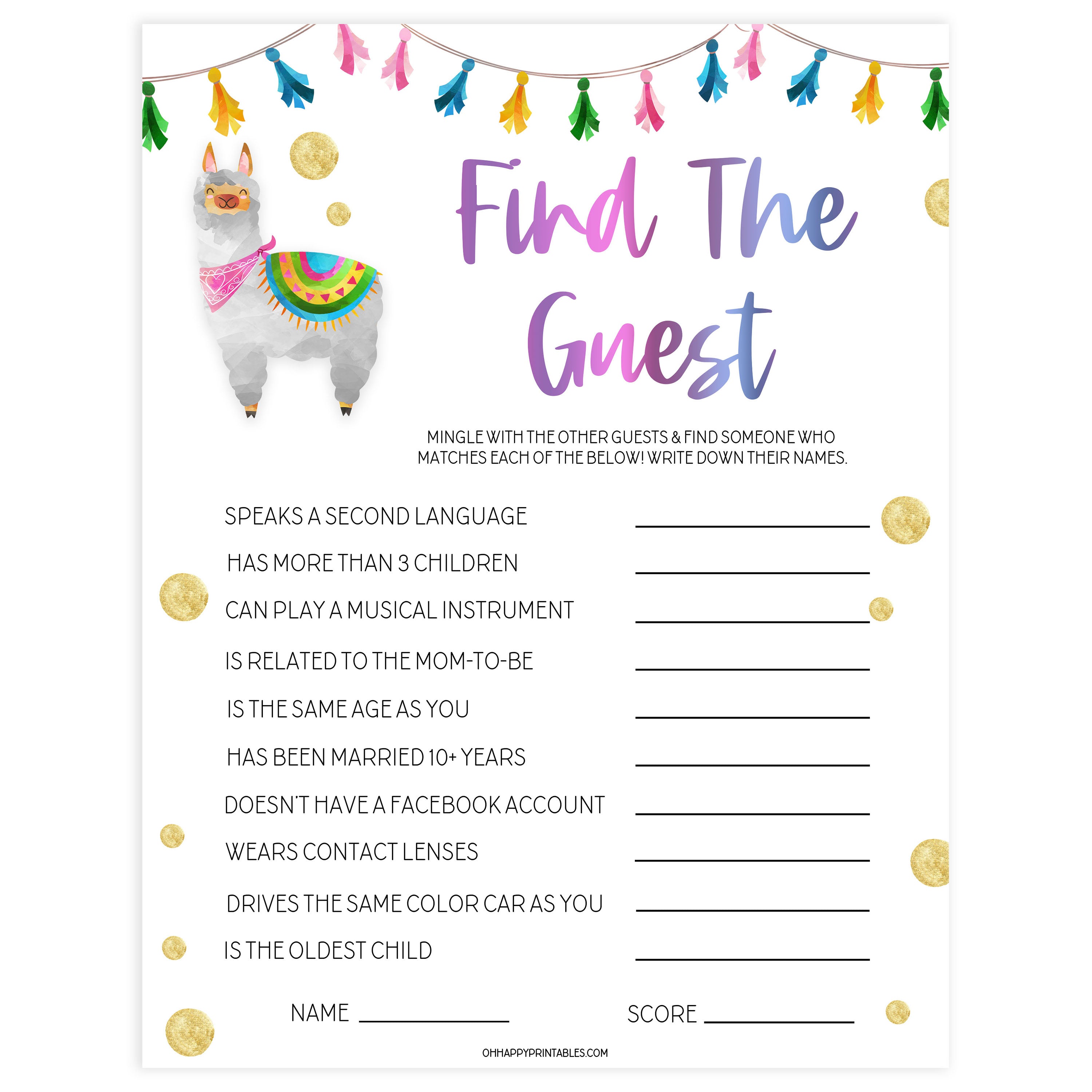 find the guest game, Printable baby shower games, llama fiesta fun baby games, baby shower games, fun baby shower ideas, top baby shower ideas, Llama fiesta shower baby shower, fiesta baby shower ideas