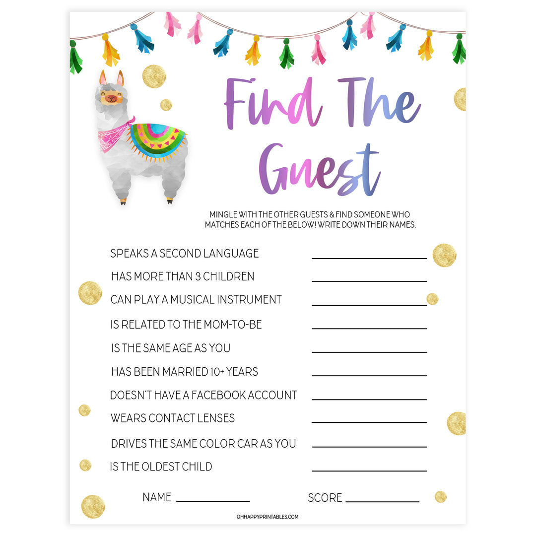 find the guest game, Printable baby shower games, llama fiesta fun baby games, baby shower games, fun baby shower ideas, top baby shower ideas, Llama fiesta shower baby shower, fiesta baby shower ideas