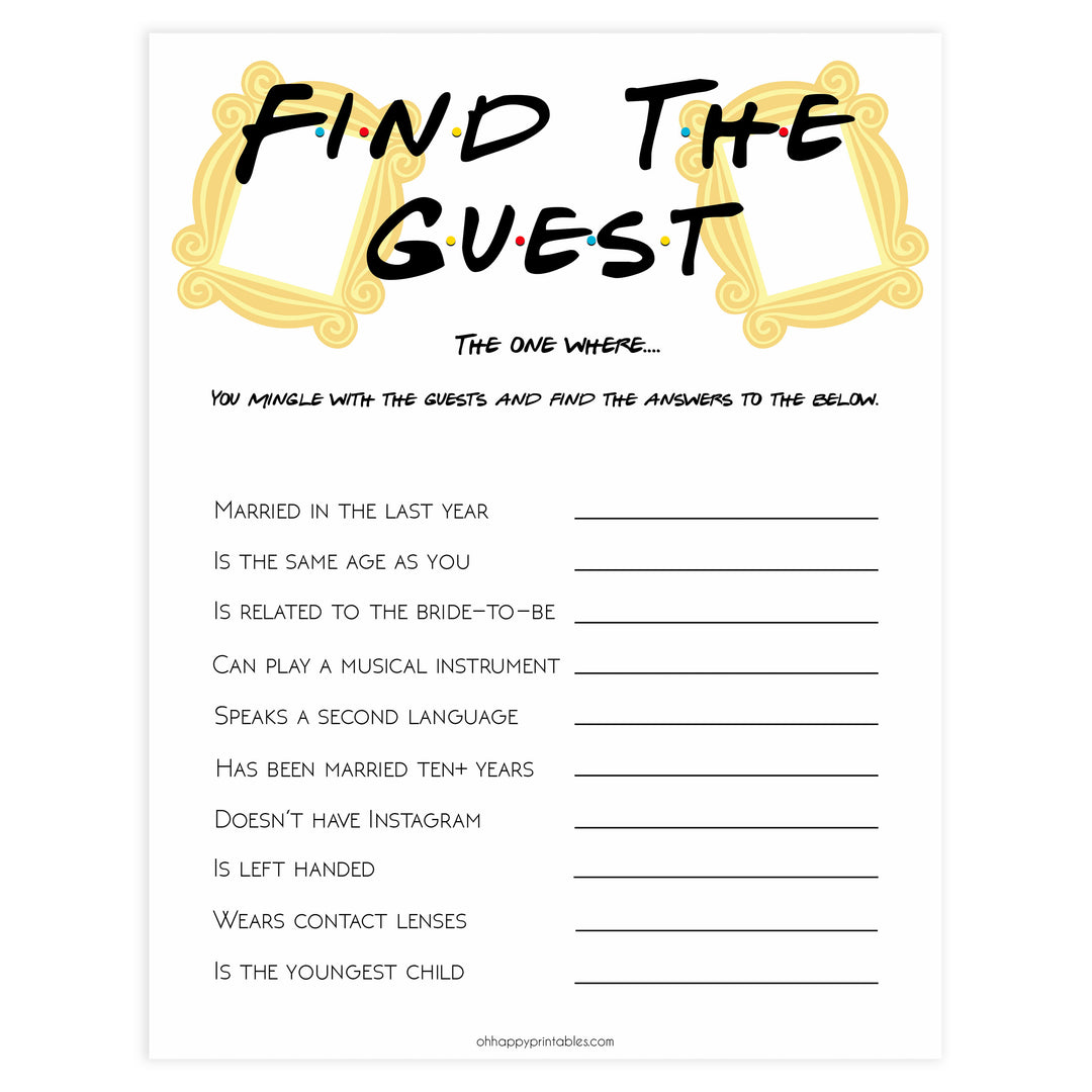 bridal find the guest, editable bridal games, Printable bridal shower games, friends bridal shower, friends bridal shower games, fun bridal shower games, bridal shower game ideas, friends bridal shower
