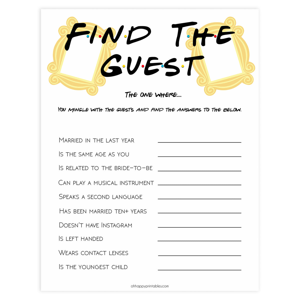 bridal find the guest, editable bridal games, Printable bridal shower games, friends bridal shower, friends bridal shower games, fun bridal shower games, bridal shower game ideas, friends bridal shower