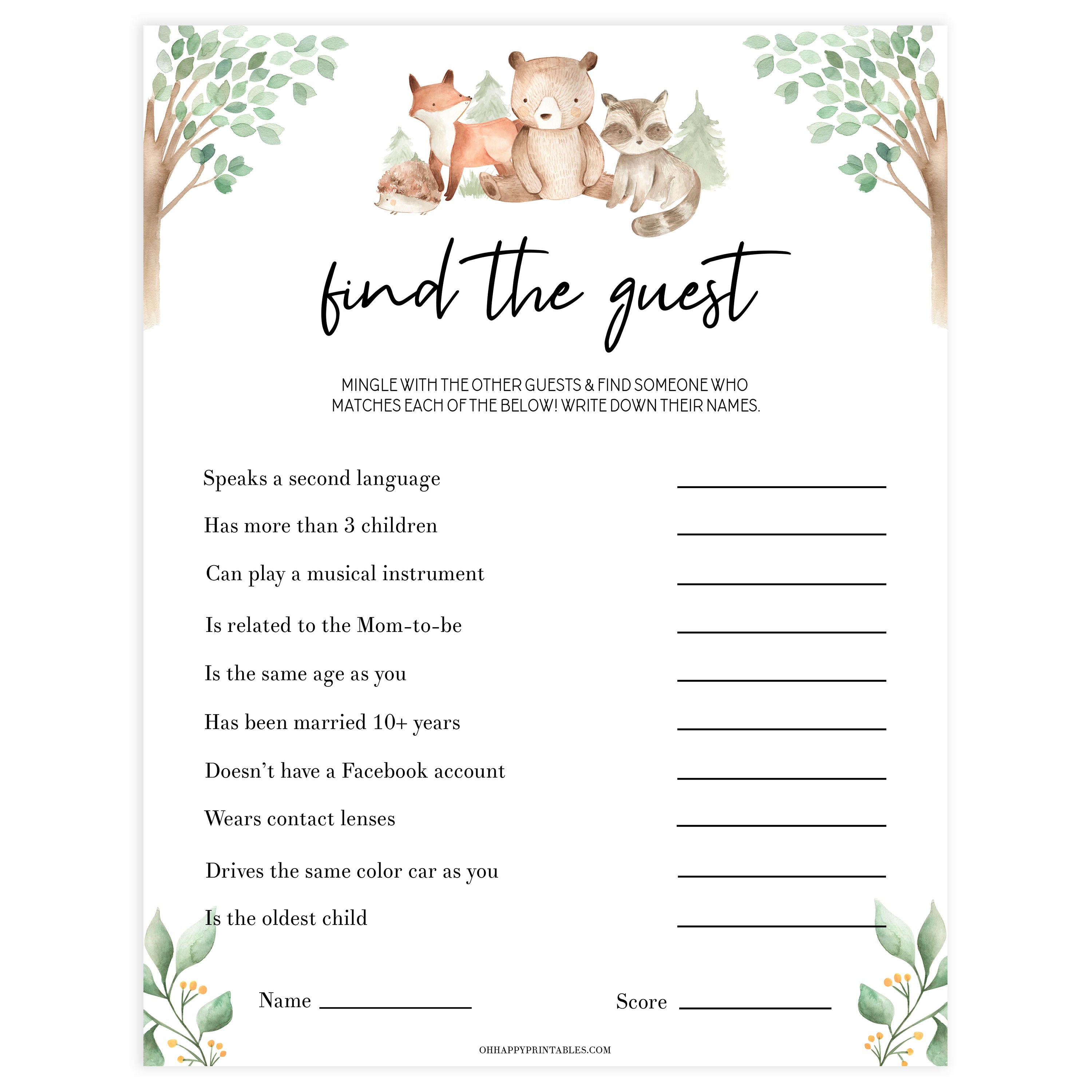 editable find the guest baby shower game, Printable baby shower games, woodland animals baby games, baby shower games, fun baby shower ideas, top baby shower ideas, woodland baby shower, baby shower games, fun woodland animals baby shower ideas