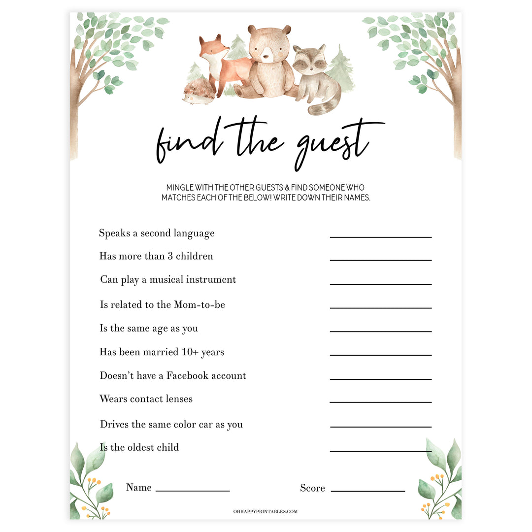 editable find the guest baby shower game, Printable baby shower games, woodland animals baby games, baby shower games, fun baby shower ideas, top baby shower ideas, woodland baby shower, baby shower games, fun woodland animals baby shower ideas