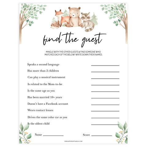 editable find the guest baby shower game, Printable baby shower games, woodland animals baby games, baby shower games, fun baby shower ideas, top baby shower ideas, woodland baby shower, baby shower games, fun woodland animals baby shower ideas