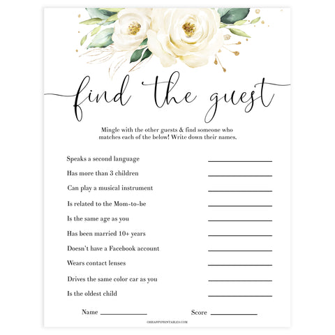 Editable Find the guest baby game, Printable baby shower games, shite floral baby games, baby shower games, fun baby shower ideas, top baby shower ideas, floral baby shower, baby shower games, fun floral baby shower ideas